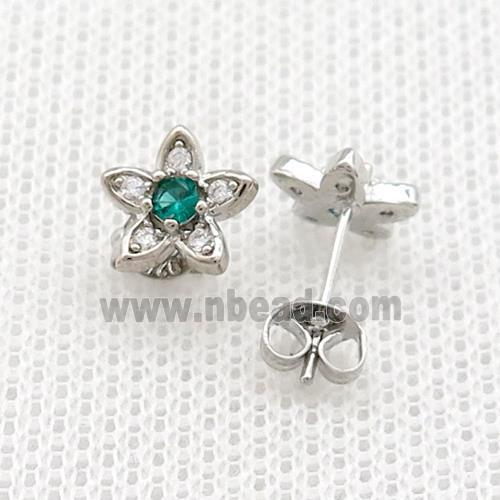 Copper Stud Earrings Pave Zircon Flower Platinum Plated