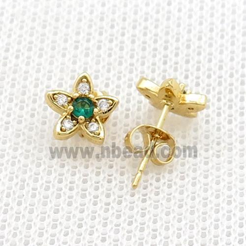 Copper Stud Earrings Pave Zircon Flower Gold Plated