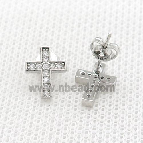 Copper Stud Earrings Pave Zircon Cross Platinum Plated