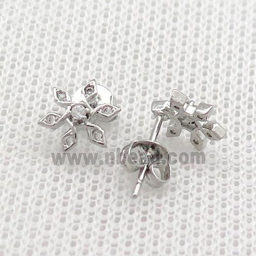 Copper Stud Earrings Pave Zircon Flower Platinum Plated