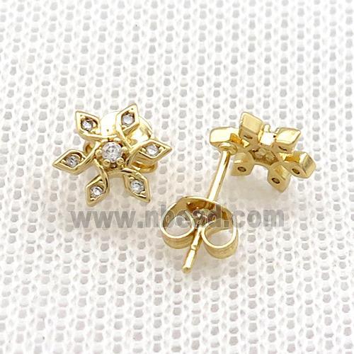 Copper Stud Earrings Pave Zircon Flower Gold Plated