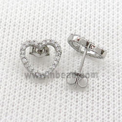 Copper Stud Earrings Pave Zircon Heart Platinum Plated