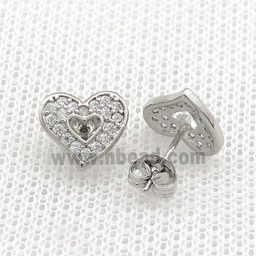 Copper Stud Earrings Pave Zircon Heart Platinum Plated