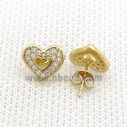 Copper Stud Earrings Pave Zircon Heart Gold Plated