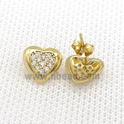 Copper Stud Earrings Pave Zircon Heart Gold Plated