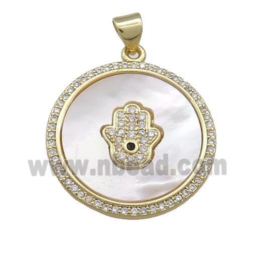Copper Circle Pendant Pave Shell Zircon Hamsahand 18K Gold Plated