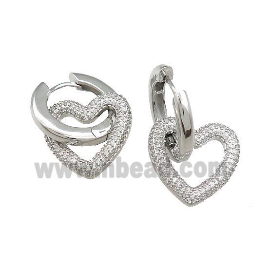 Copper Hoop Earrings Heart Pave Zircon Platinum Plated