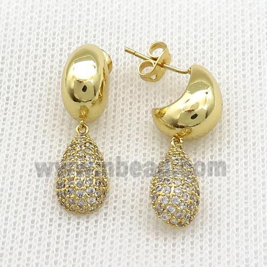 Copper Stud Earrings Teardrop Pave Zircon Gold Plate