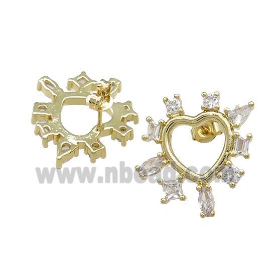 Copper Heart Stud Earrings Pave Zircon Gold Plated