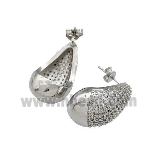 Copper Teardrop Stud Earrings Pave Zircon Dome Platinum Plated