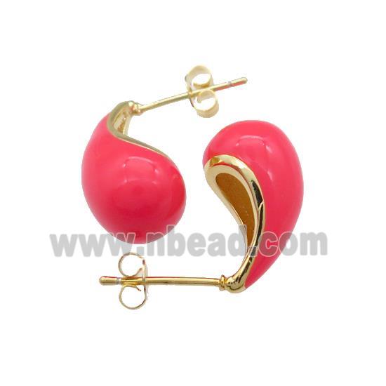 Copper Teardrop Stud Earrings Red Enamel Gold Plated