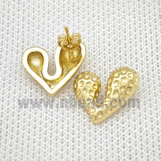 Copper Heart Stud Earrings Hammered Gold Plated