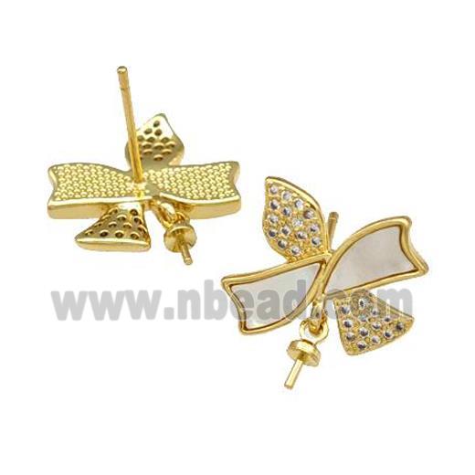 Copper Stud Earrings Pave Shell Zirconia With Bail Butterfly 18K Gold Plated