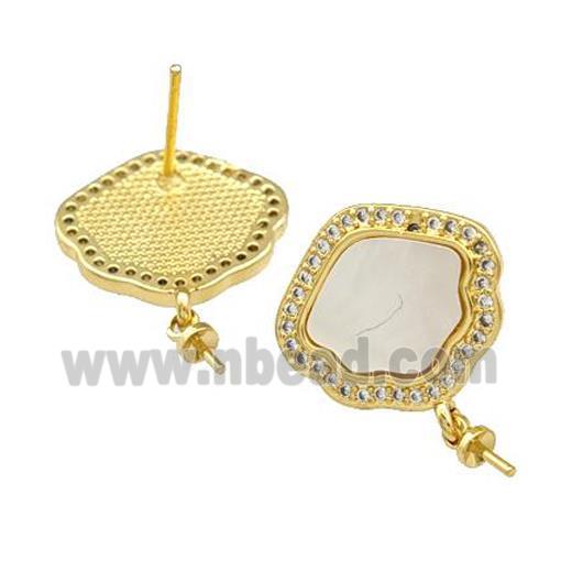 Copper Stud Earrings Pave Shell Zirconia With Bail 18K Gold Plated