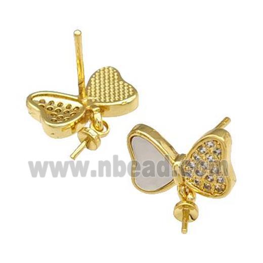 Copper Stud Earrings Pave Shell Zirconia With Bail Butterfly 18K Gold Plated