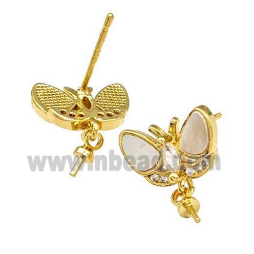 Copper Stud Earrings Pave Shell Zirconia With Bail Butterfly 18K Gold Plated