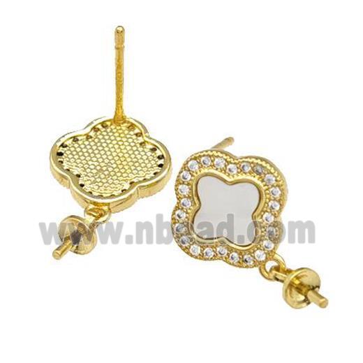 Copper Stud Earrings Pave Shell Zirconia With Bail Clover 18K Gold Plated