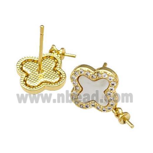 Copper Stud Earrings Pave Shell Zirconia With Bail Clover 18K Gold Plated