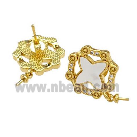 Copper Stud Earrings Pave Shell Zirconia With Bail Clover 18K Gold Plated