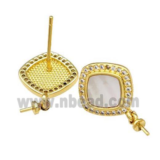 Copper Stud Earrings Pave Shell Zirconia With Bail Square 18K Gold Plated