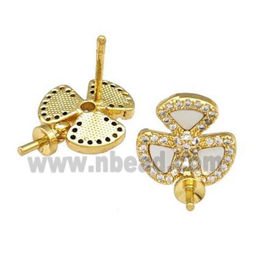 Copper Stud Earrings Pave Shell Zirconia With Bail Clover 18K Gold Plated