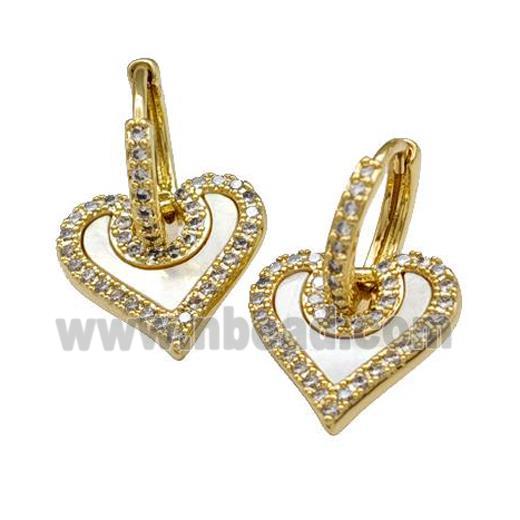 Copper Hoop Earrings Pave Shell Zirconia Heart 18K Gold Plated