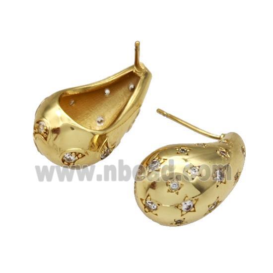 Copper Stud Earrings Micro Pave Zirconia Teardrop Hollow Gold Plated