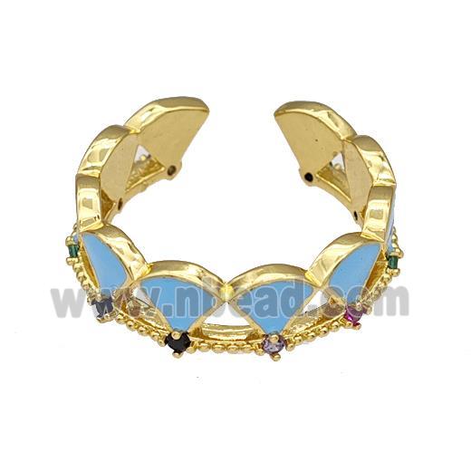 Copper Rings Pave Zircon Blue Enamel Adjustable Gold Plated