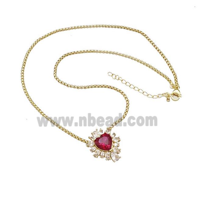 Copper Necklace Heart Micro Pave Red Crystal Glass Gold Plated