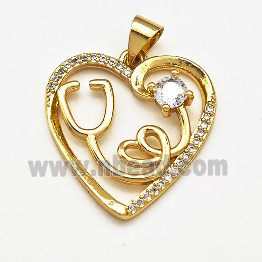 Copper Heart Pendant Pave Zircon Stethoscope Gold Plated