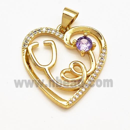 Copper Heart Pendant Pave Zircon Stethoscope Gold Plated