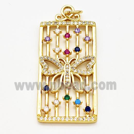 Copper Rectangle Pendant Pave Zircon Butterfly Gold Plated