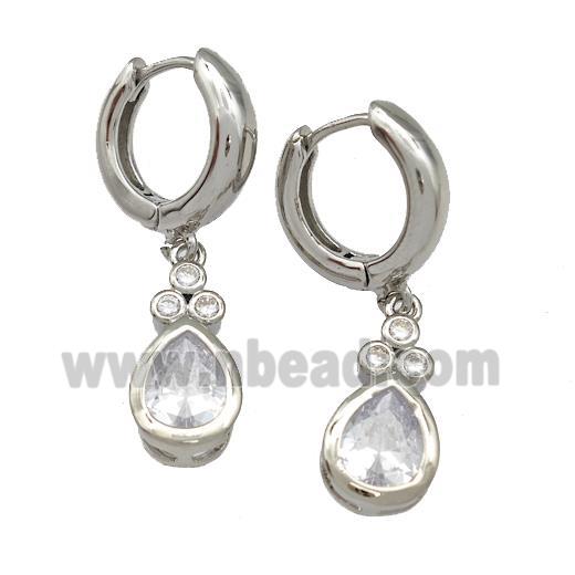 Copper Hoop Earrings Pave Zircon Teardrop Platinum Plated