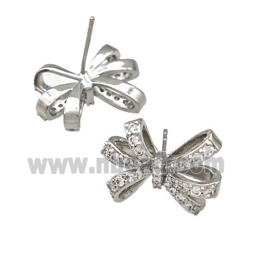 Copper Bow Stud Earrings Pave Zircon Platinum Plated