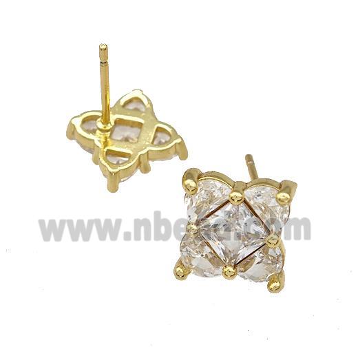 Copper Stud Earrings Micro Pave Zirconia Flower Gold Plated