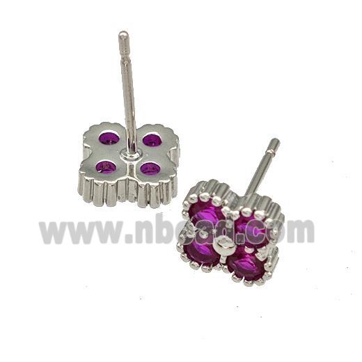 Copper Stud Earrings Micro Pave Fuchsia Zirconia Flower Platinum Plated