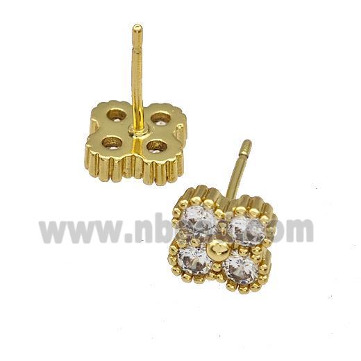 Copper Stud Earrings Micro Pave Zirconia Flower Gold Plated