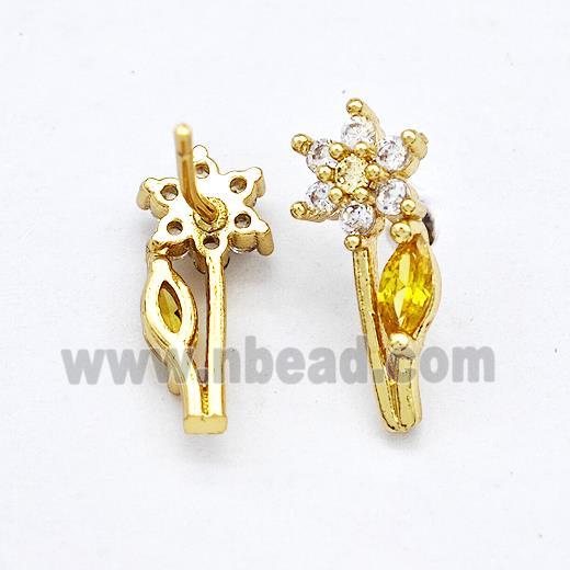 Copper Flower Stud Earrings Pave Zircon Gold Plated