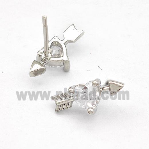 Copper Stud Earrings Pave Zircon Cupids Arrow Heart Platinum Plated