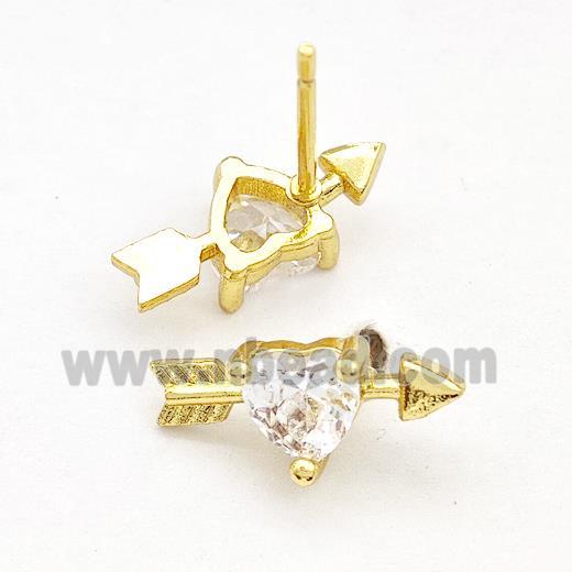 Copper Stud Earrings Pave Zircon Cupids Arrow Heart Gold Plated