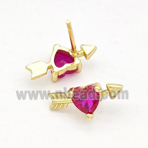 Copper Stud Earrings Pave Fuchsia Zircon Cupids Arrow Heart Gold Plated