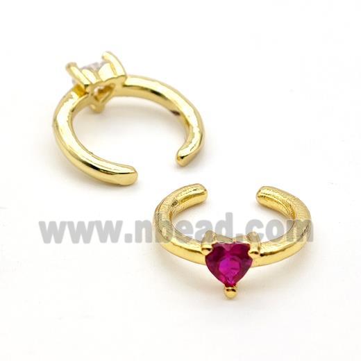 Copper Clip Earrings Pave Fuchsia Crystal Glass Heart Gold Plated