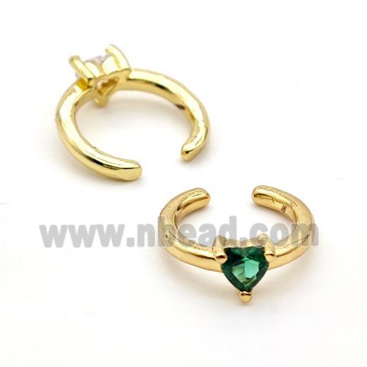 Copper Clip Earrings Pave Green Crystal Glass Heart Gold Plated