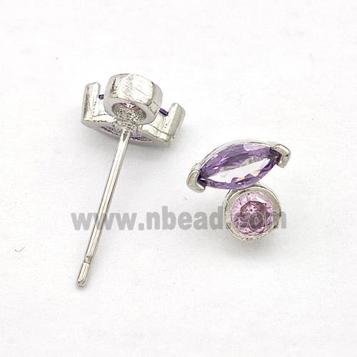 Copper Stud Earrings Pave Purple Zirconia Eye Platinum Plated