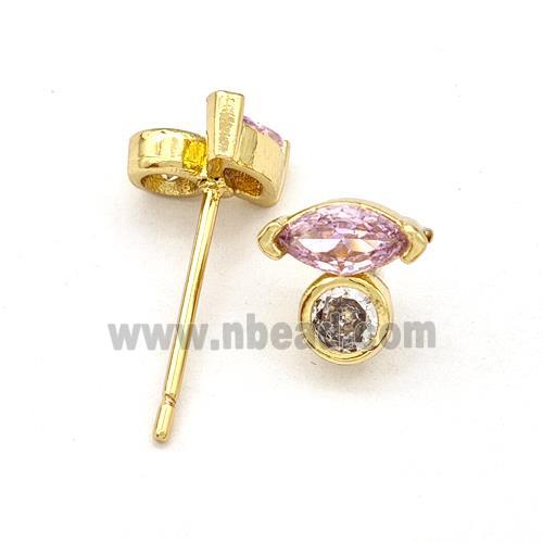 Copper Stud Earrings Pave Pink Zirconia Eye Gold Plated