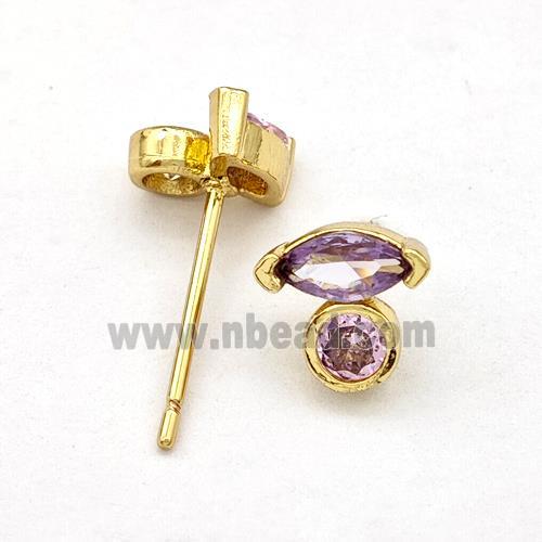 Copper Stud Earrings Pave Purple Zirconia Eye Gold Plated