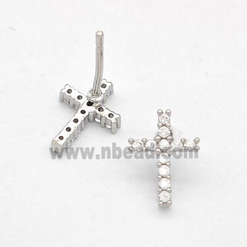 Copper Cross Stud Earrings Pave Zirconia Platinum Plated