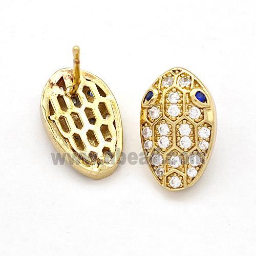 Copper Stud Earrings Pave Zirconia Snakehead Gold Plated