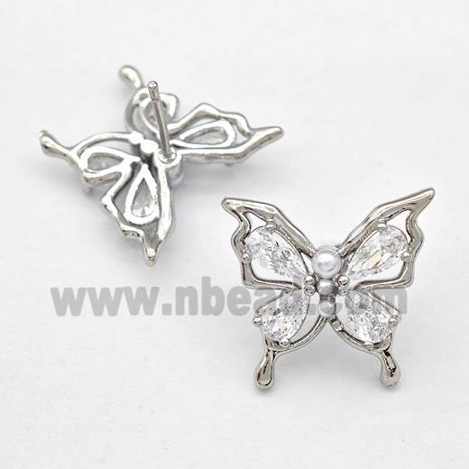 Copper Butterfly Stud Earrings Pave Zircon Platinum Plated