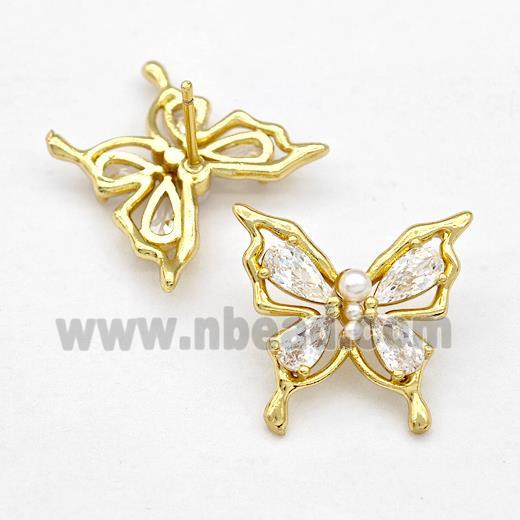 Copper Butterfly Stud Earrings Pave Zircon Gold Plated